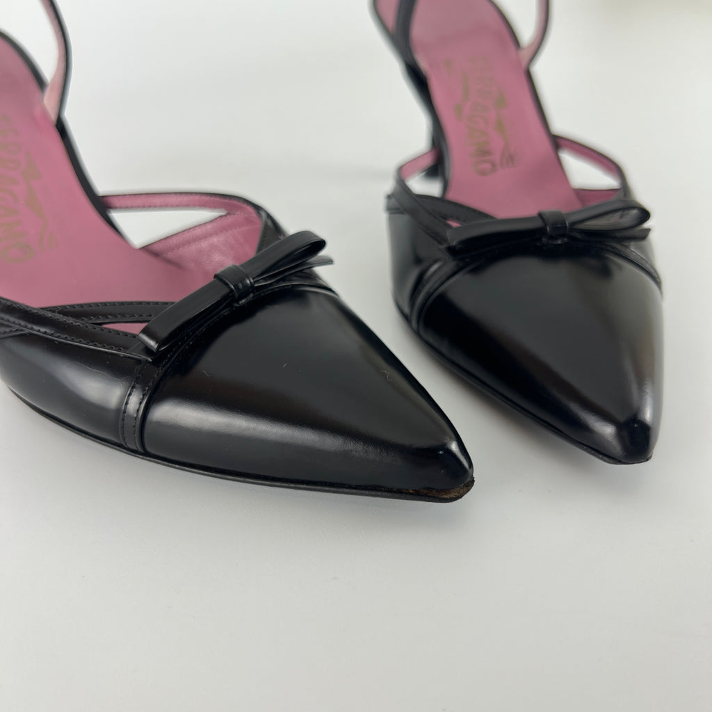 Ferragamo | Black Leather Ribbon Pointed Toe Slingback Heels (37)