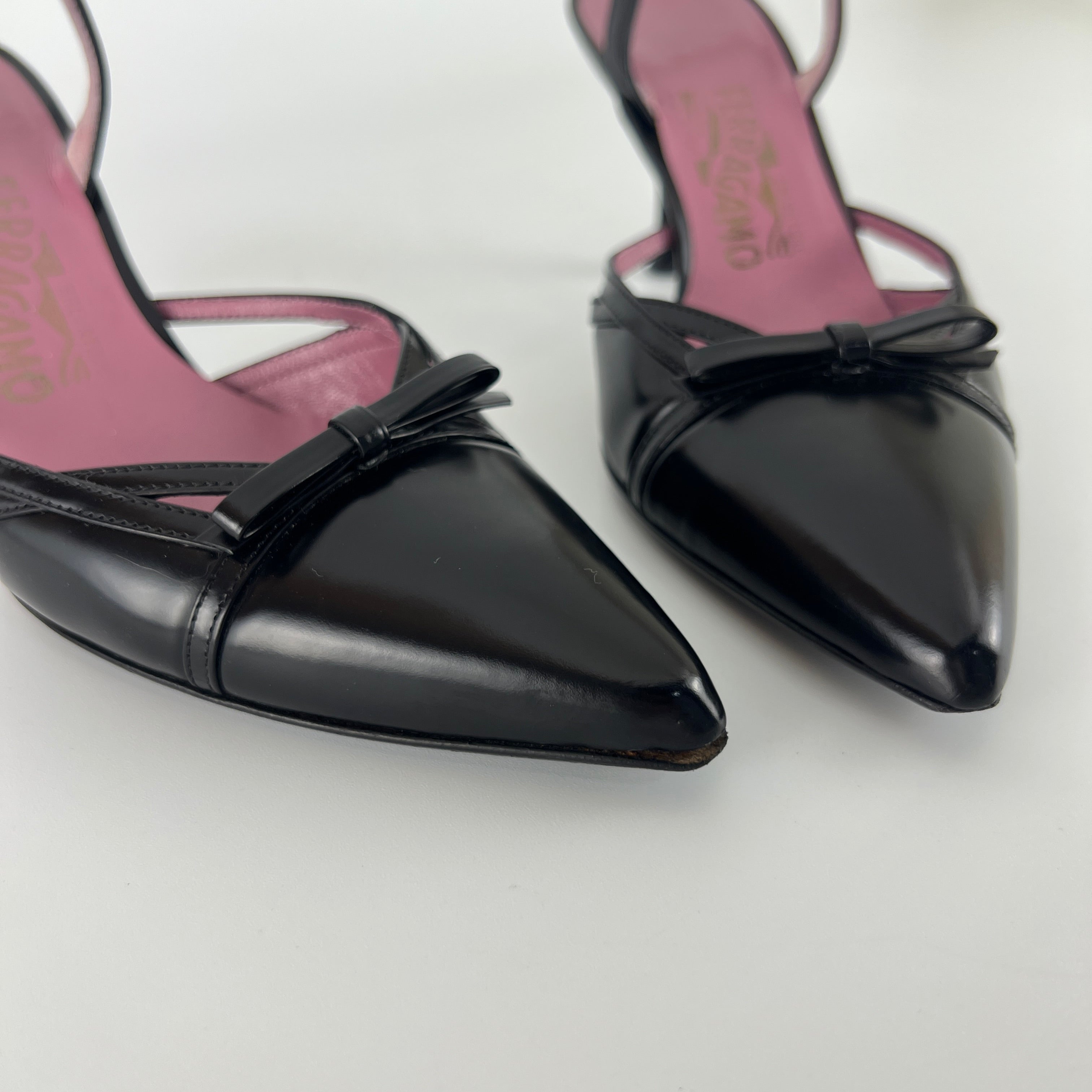 Ferragamo | Black Leather Ribbon Pointed Toe Slingback Heels (37)