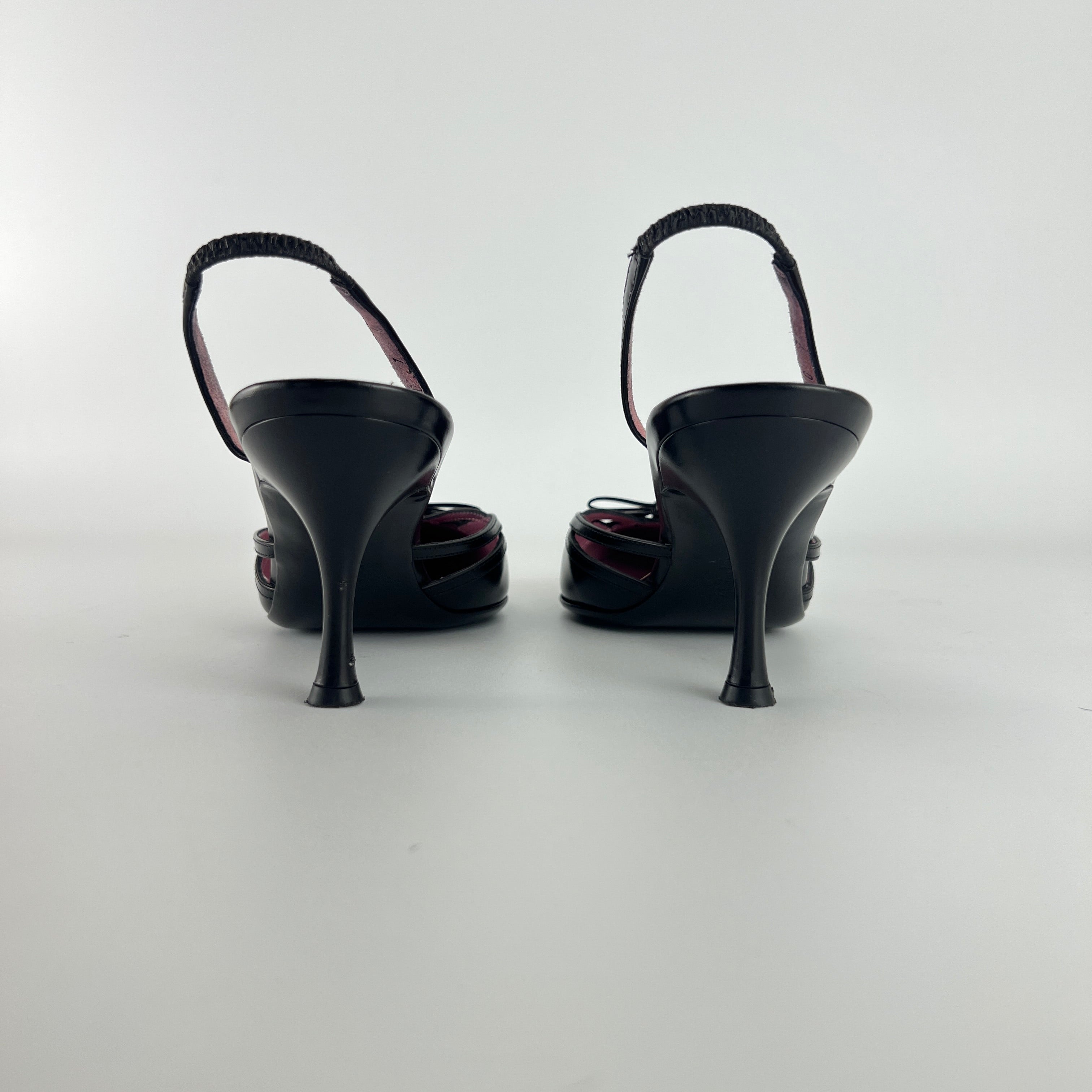 Ferragamo | Black Leather Ribbon Pointed Toe Slingback Heels (37)