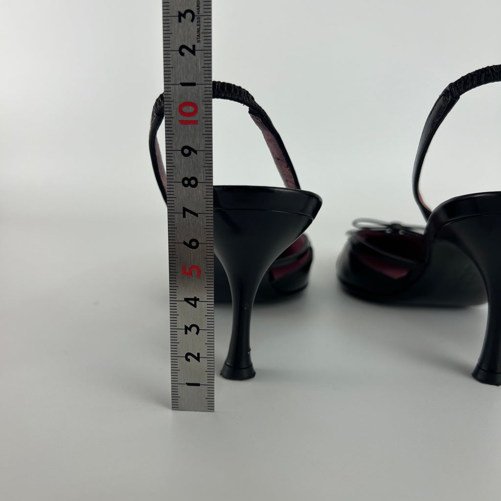 Ferragamo | Black Leather Ribbon Pointed Toe Slingback Heels (37)