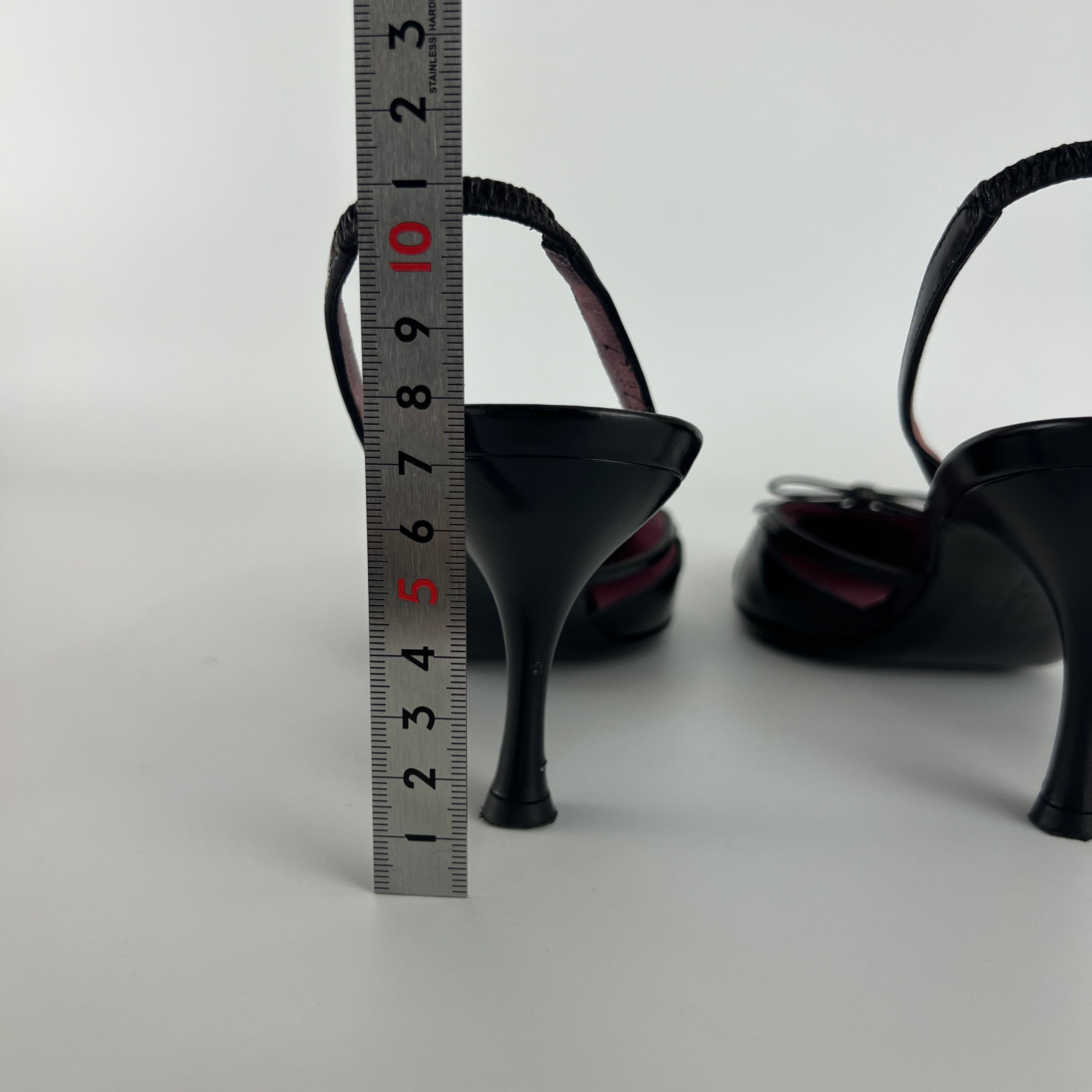 Ferragamo | Black Leather Ribbon Pointed Toe Slingback Heels (37)