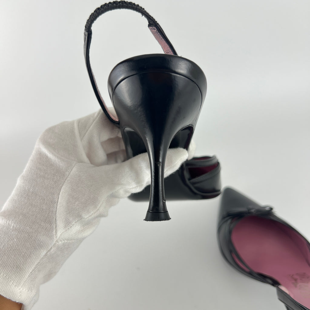 Ferragamo | Black Leather Ribbon Pointed Toe Slingback Heels (37)