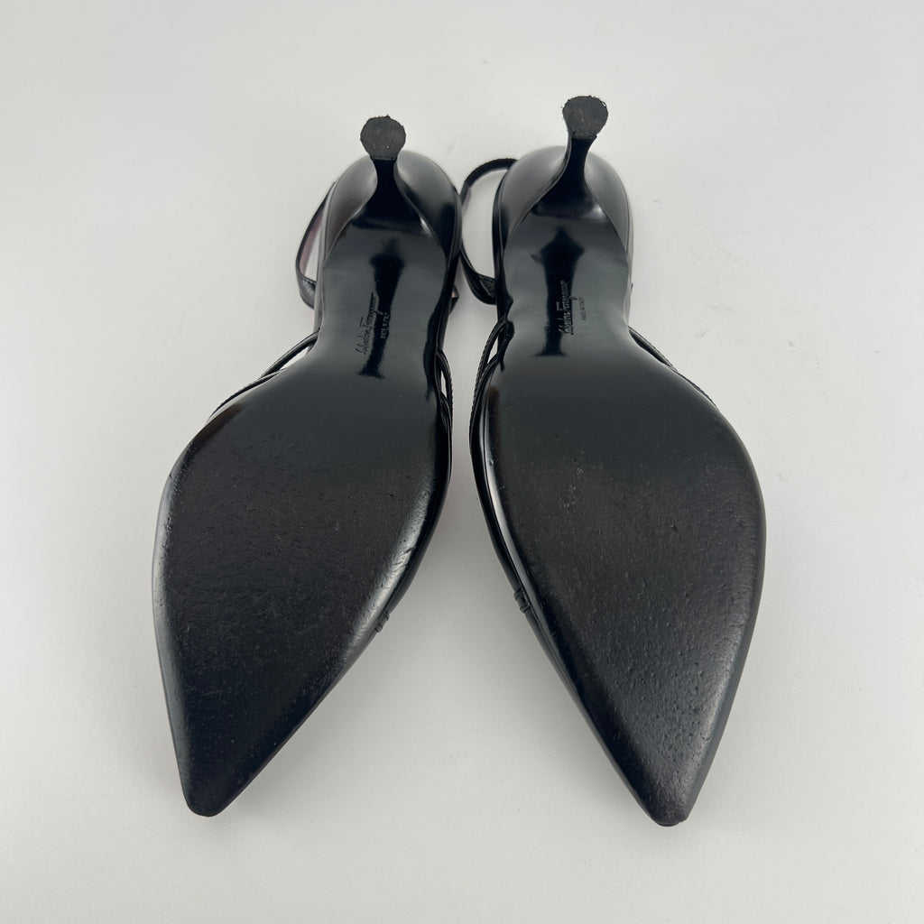 Ferragamo | Black Leather Ribbon Pointed Toe Slingback Heels (37)