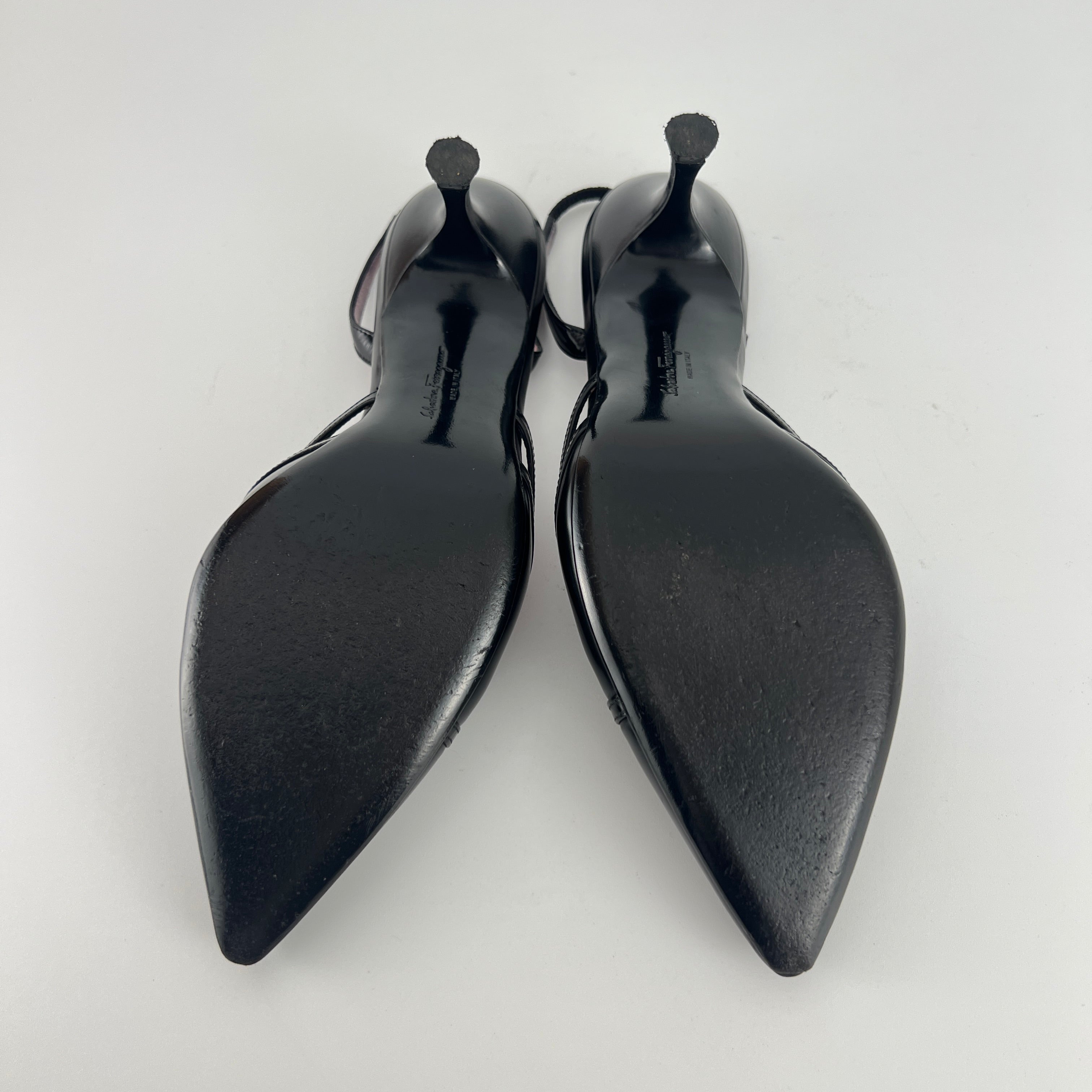 Ferragamo | Black Leather Ribbon Pointed Toe Slingback Heels (37)