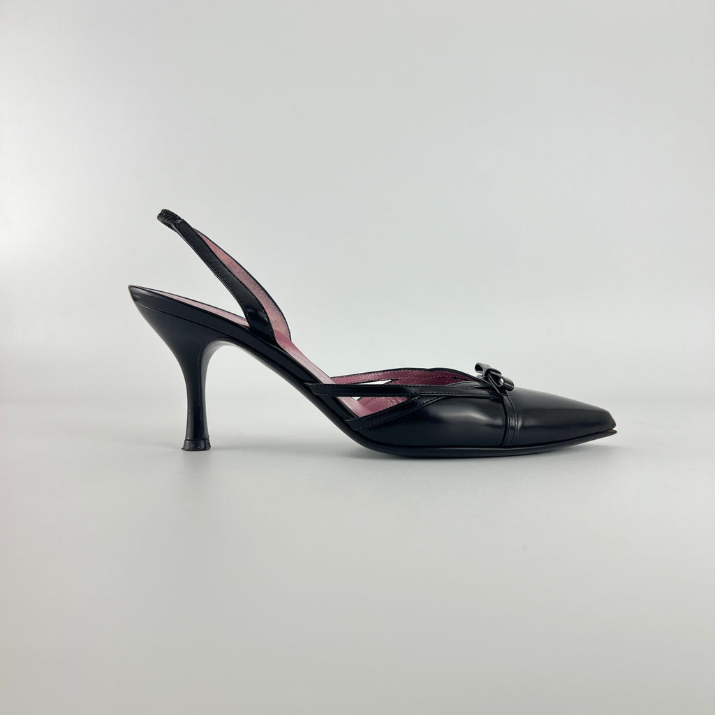 Ferragamo | Black Leather Ribbon Pointed Toe Slingback Heels (37)