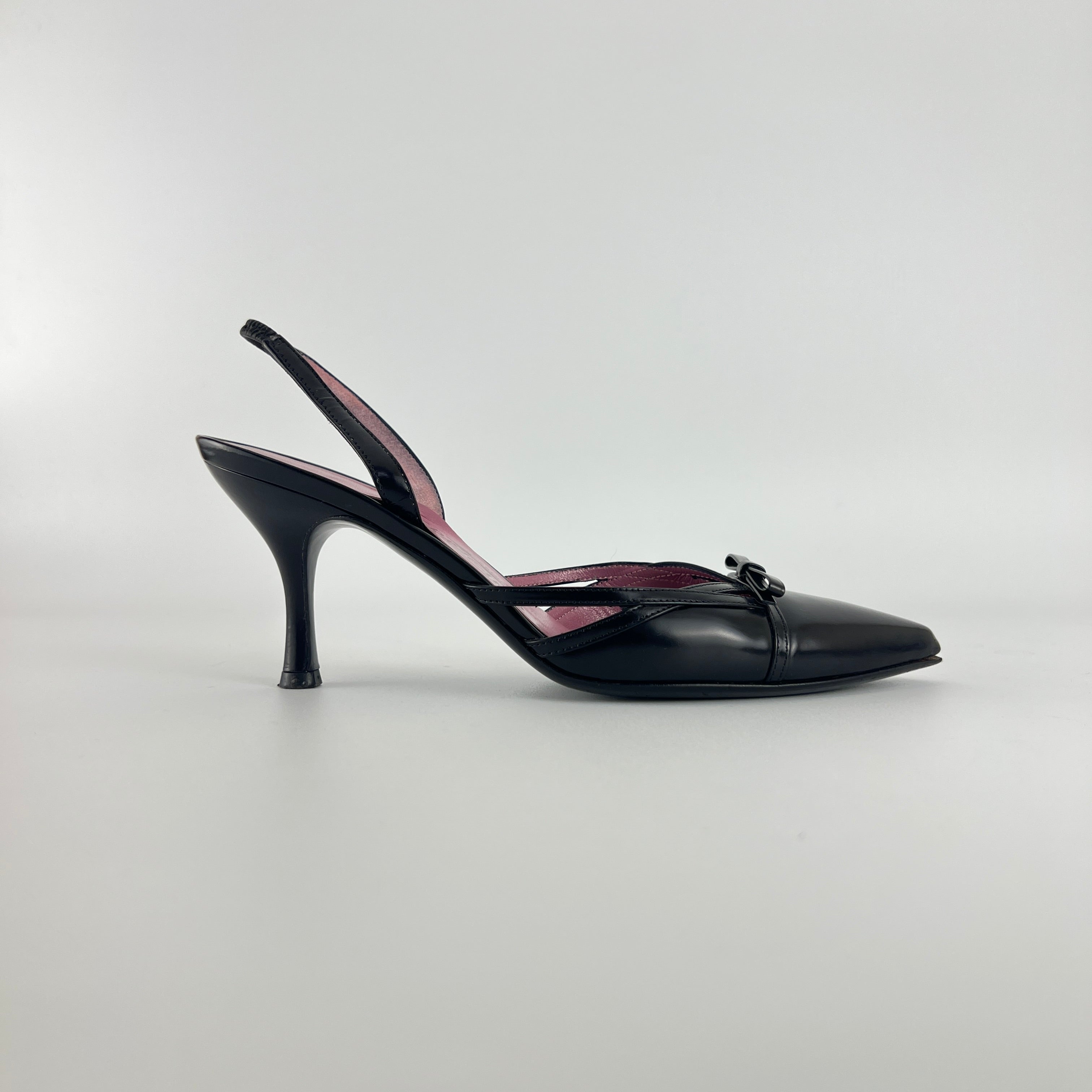 Ferragamo | Black Leather Ribbon Pointed Toe Slingback Heels (37)