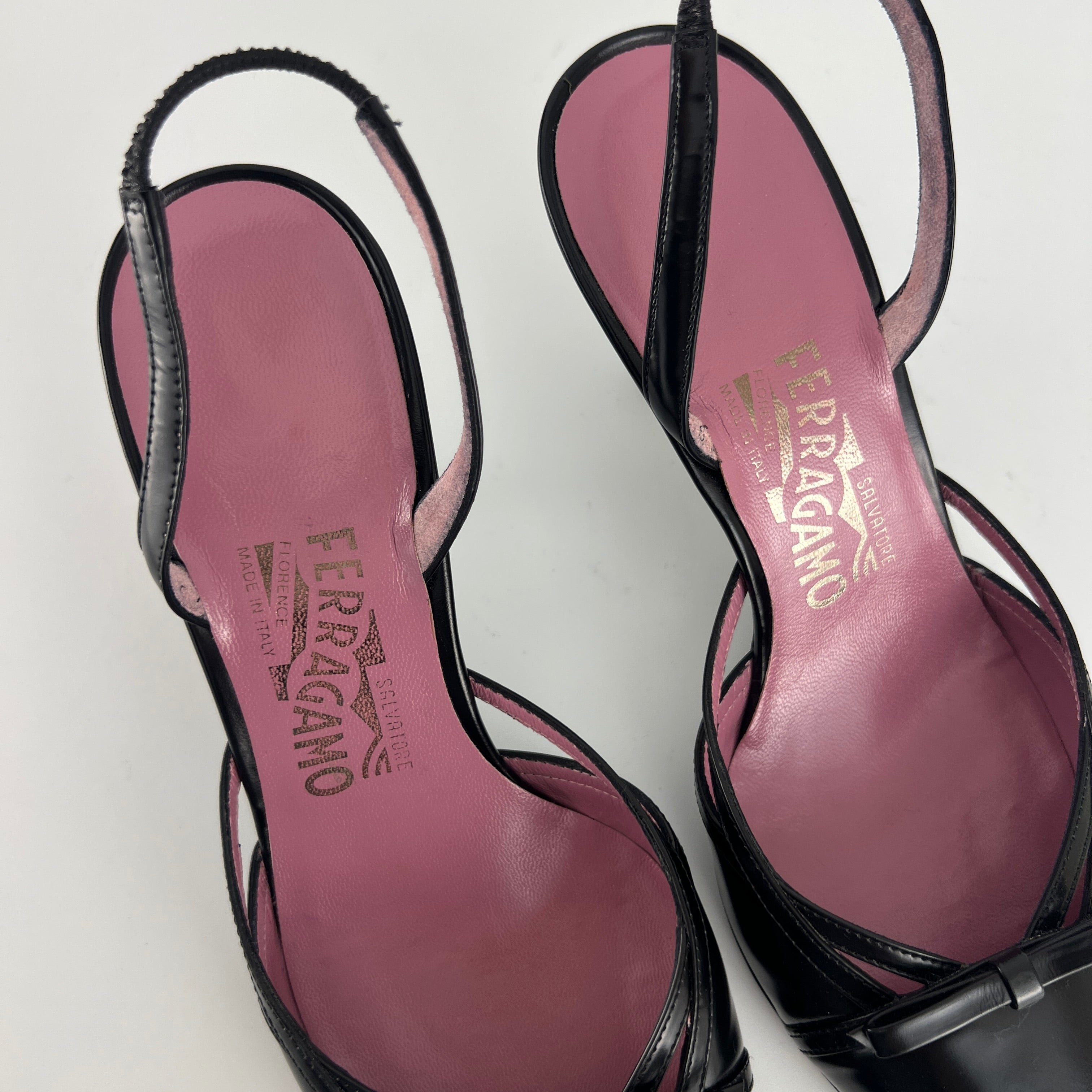 Ferragamo | Black Leather Ribbon Pointed Toe Slingback Heels (37)