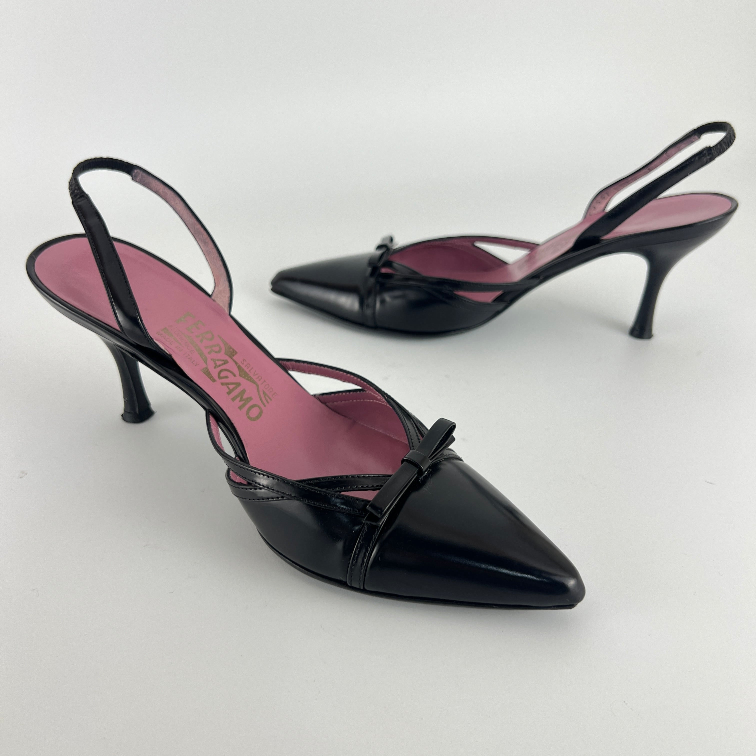 Ferragamo | Black Leather Ribbon Pointed Toe Slingback Heels (37)