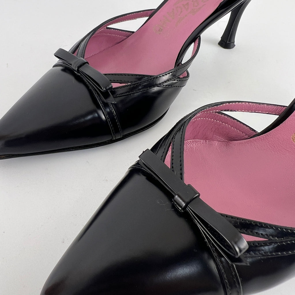 Ferragamo | Black Leather Ribbon Pointed Toe Slingback Heels (37)