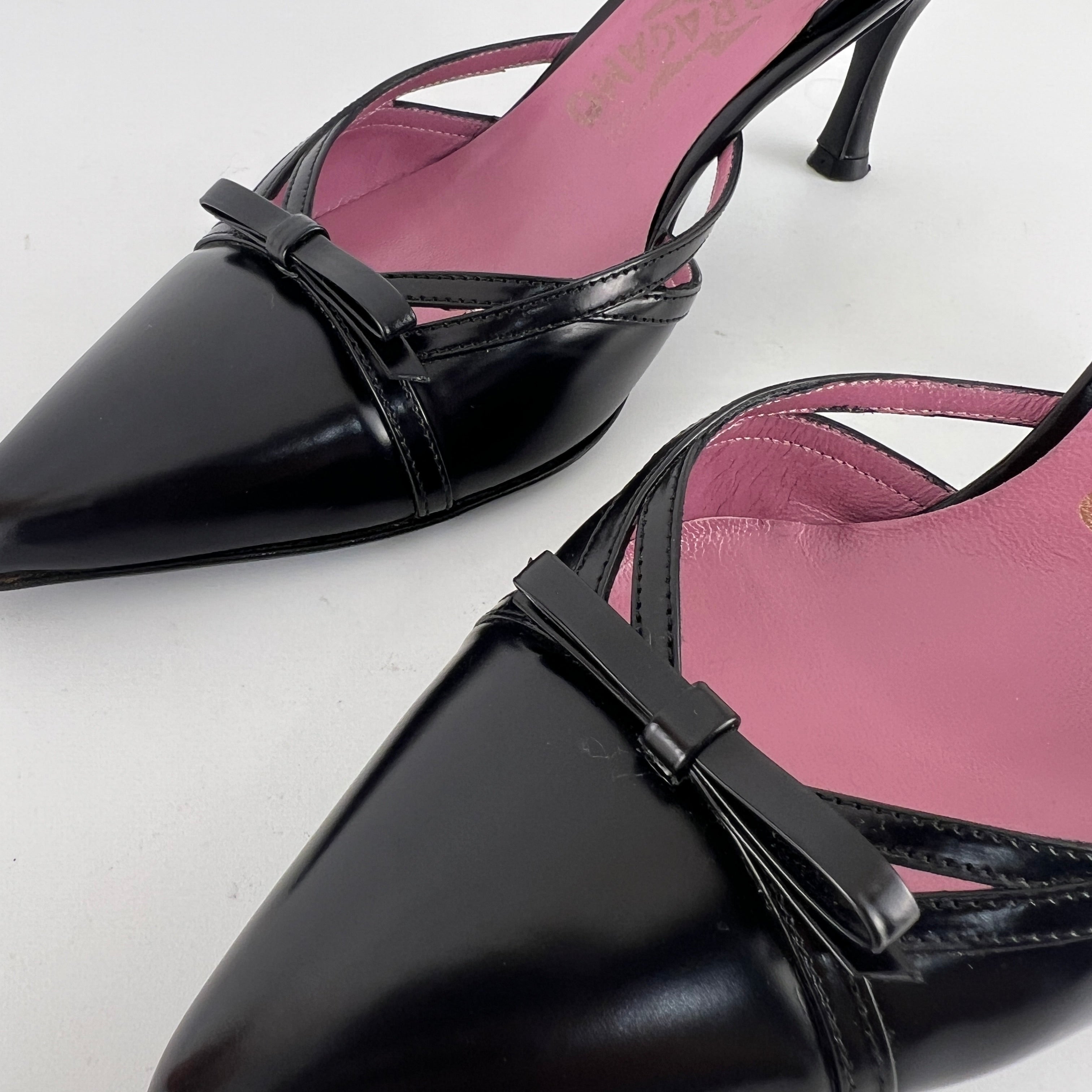 Ferragamo | Black Leather Ribbon Pointed Toe Slingback Heels (37)