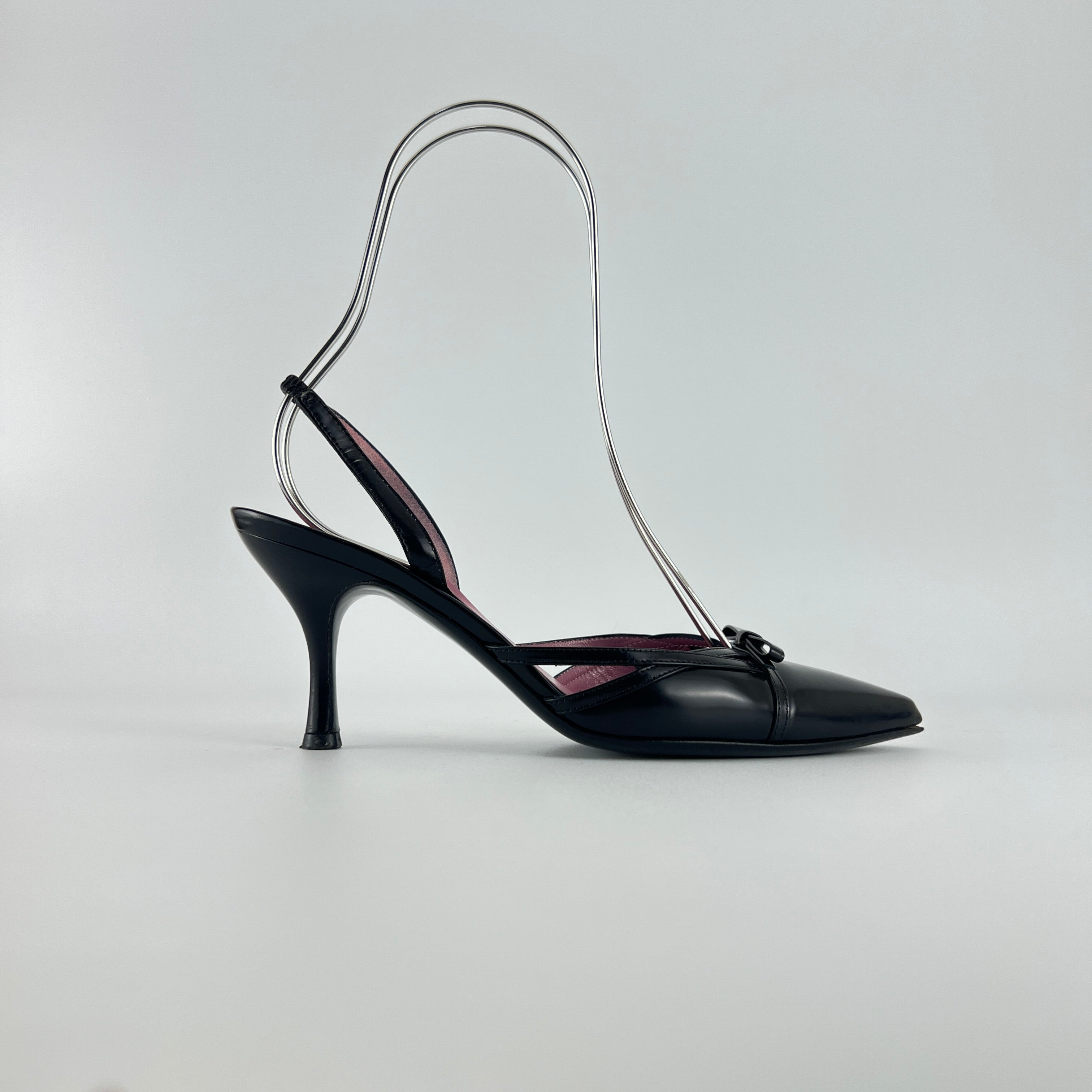 Ferragamo | Black Leather Ribbon Pointed Toe Slingback Heels (37)